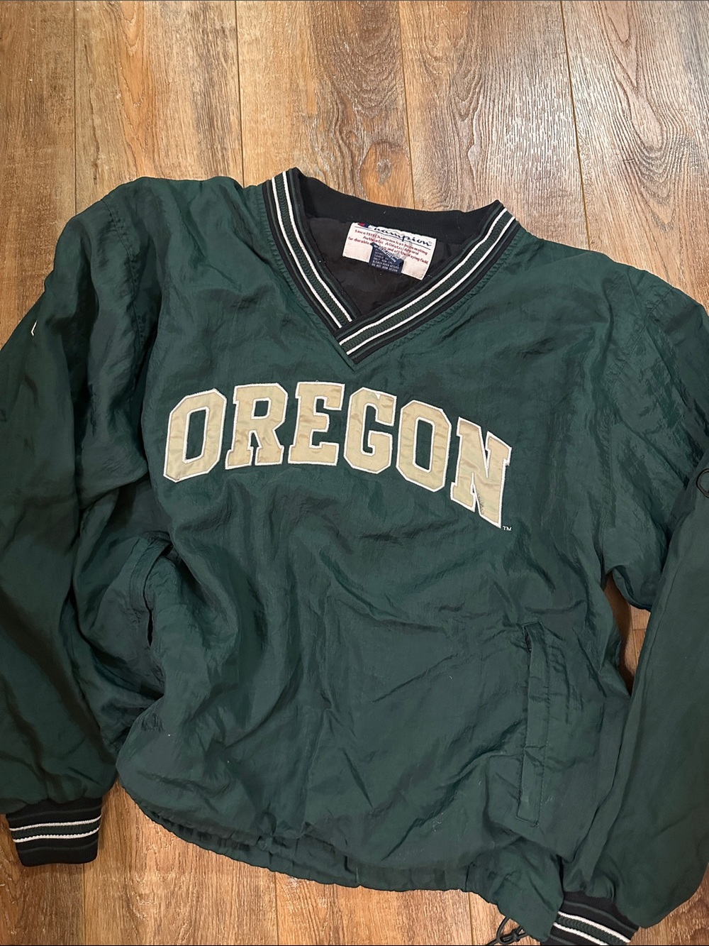 Champion Dark Green V-Neck Pullover Jacket with Striped Trim nylon size L OREGON - Picture 1 of 7